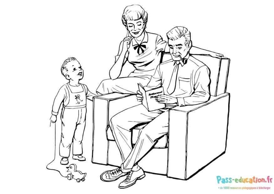Coloriage Famille au salon à imprimer et colorier