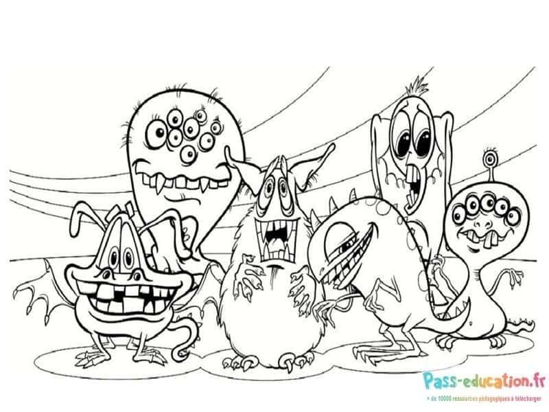 Coloriage Groupe de monstres rigolos à imprimer et colorier