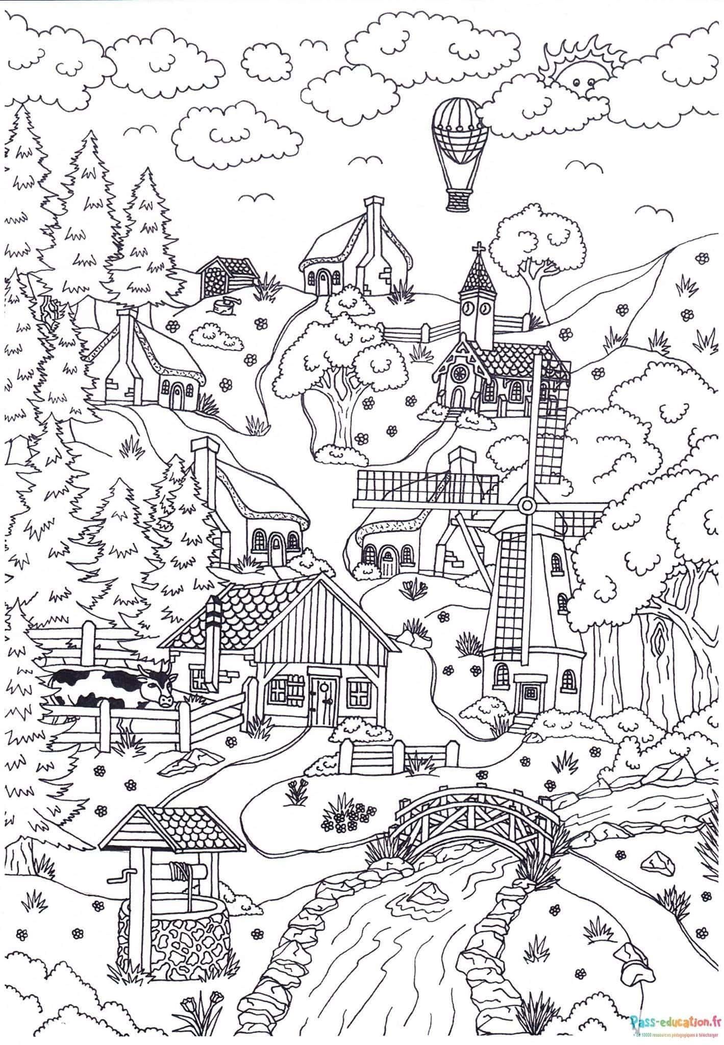 Coloriage Village paisible à imprimer et colorier