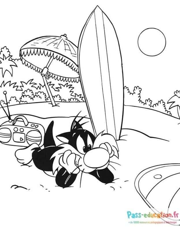 Coloriage Chat plage surf à imprimer et colorier