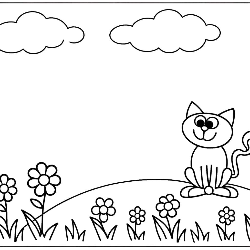 Coloriage Chat dans jardin à imprimer et colorier