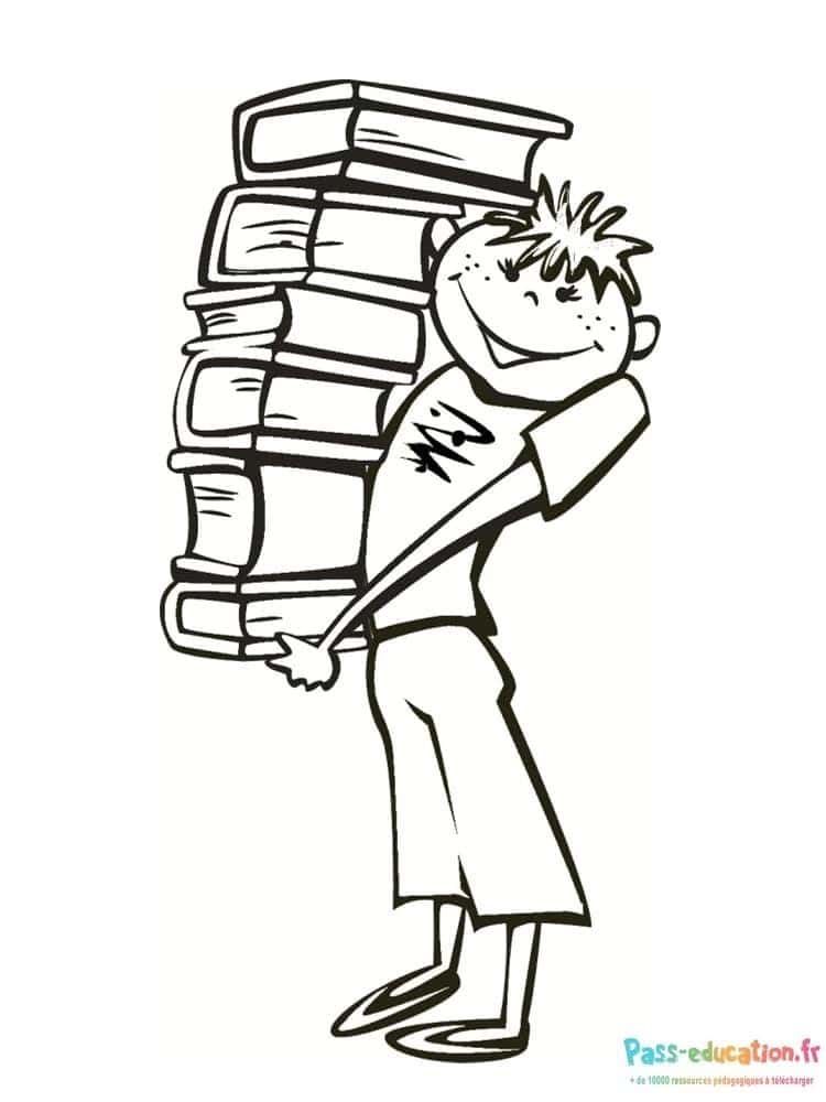 Coloriage Écolier sous piles de livres à imprimer et colorier