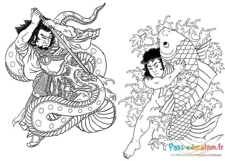 Coloriage Guerriers mythiques japonais à imprimer et colorier