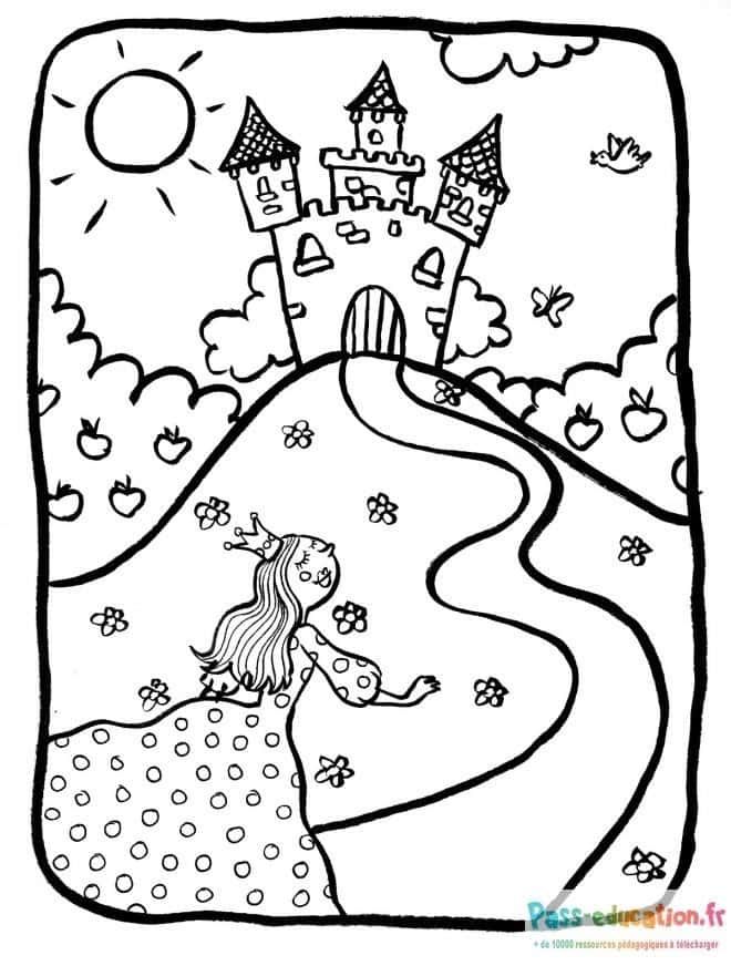 Coloriage Princesse et château à imprimer et colorier