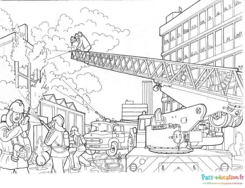 Coloriage Scène d'intervention des pompiers à imprimer et colorier