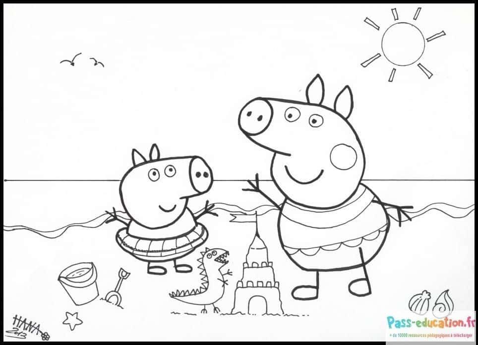 Coloriage Peppa Pig à la plage à imprimer et colorier
