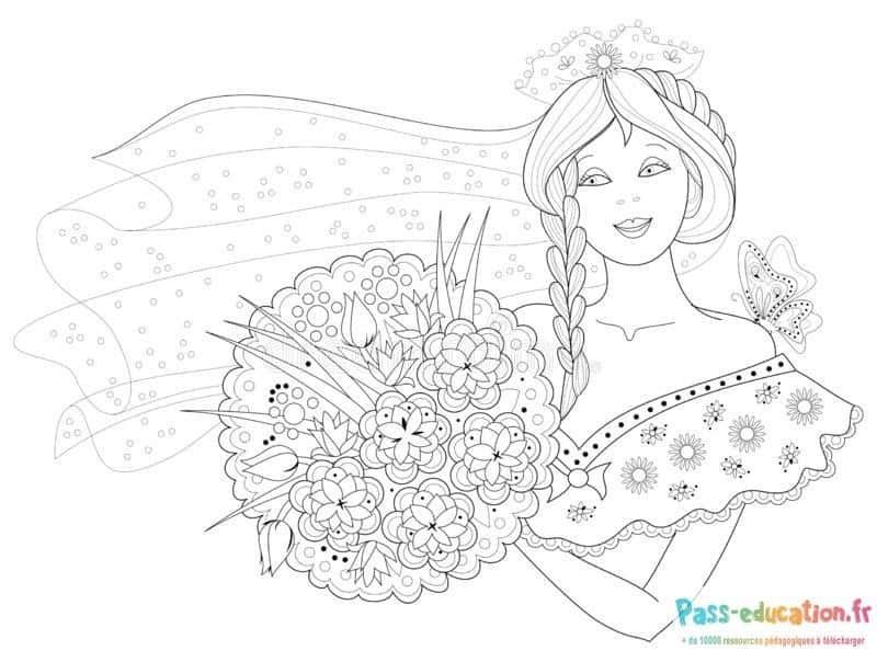 Coloriage Mariée avec bouquet à imprimer et colorier