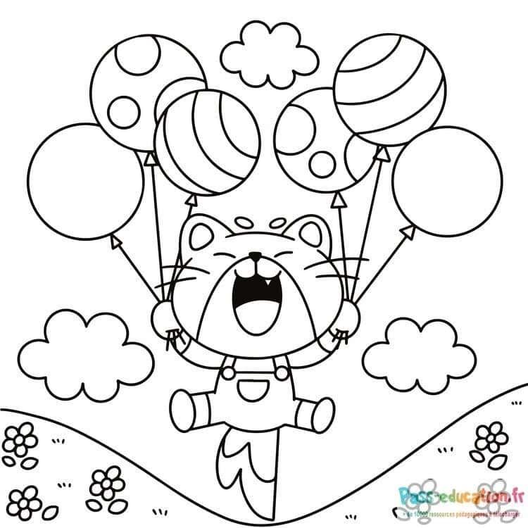Coloriage Chat volant avec ballons à imprimer et colorier
