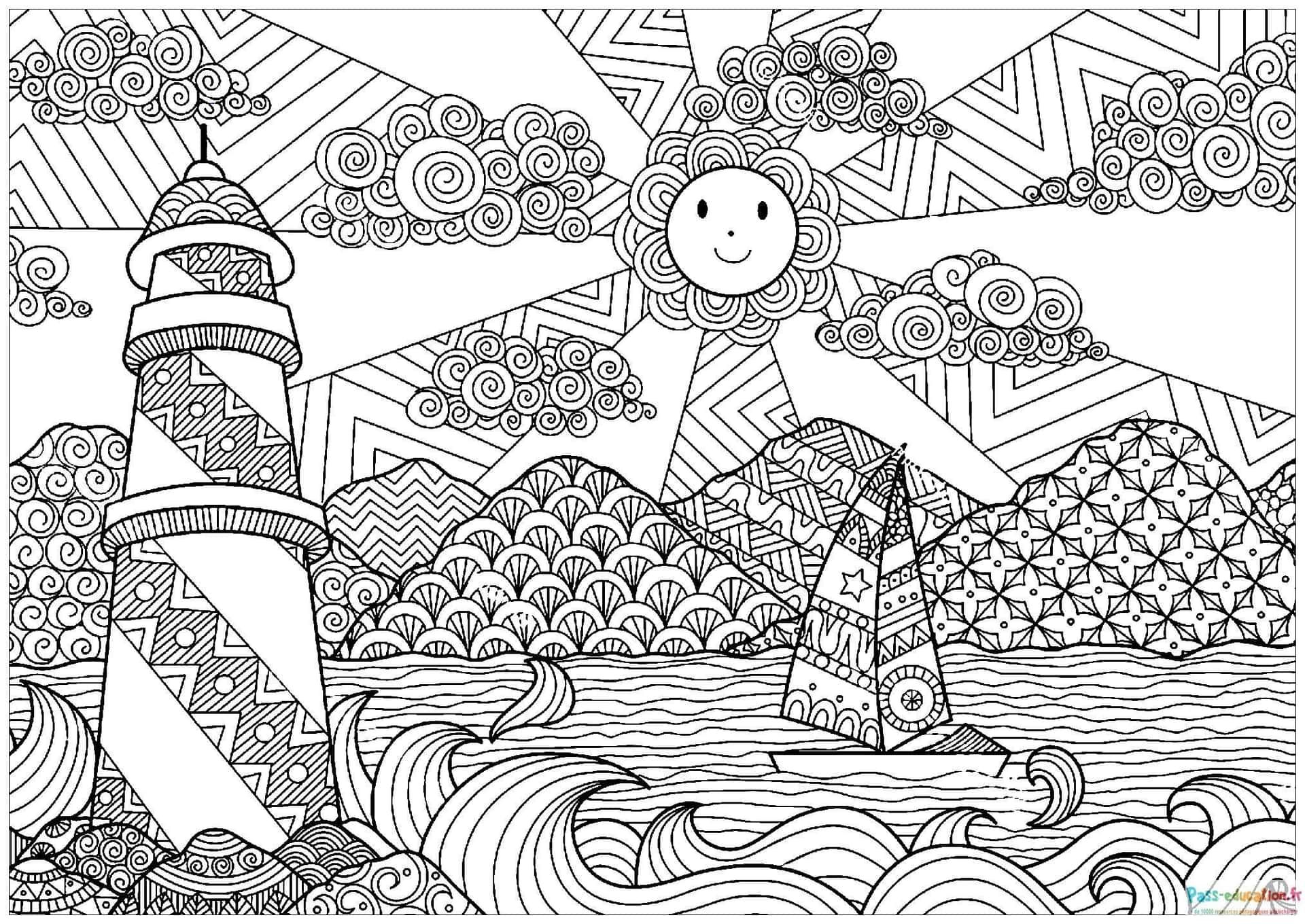 Coloriage Phare et voilier à imprimer et colorier
