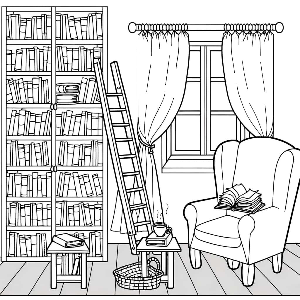 Coloriage Bibliothèque cosy à imprimer et colorier