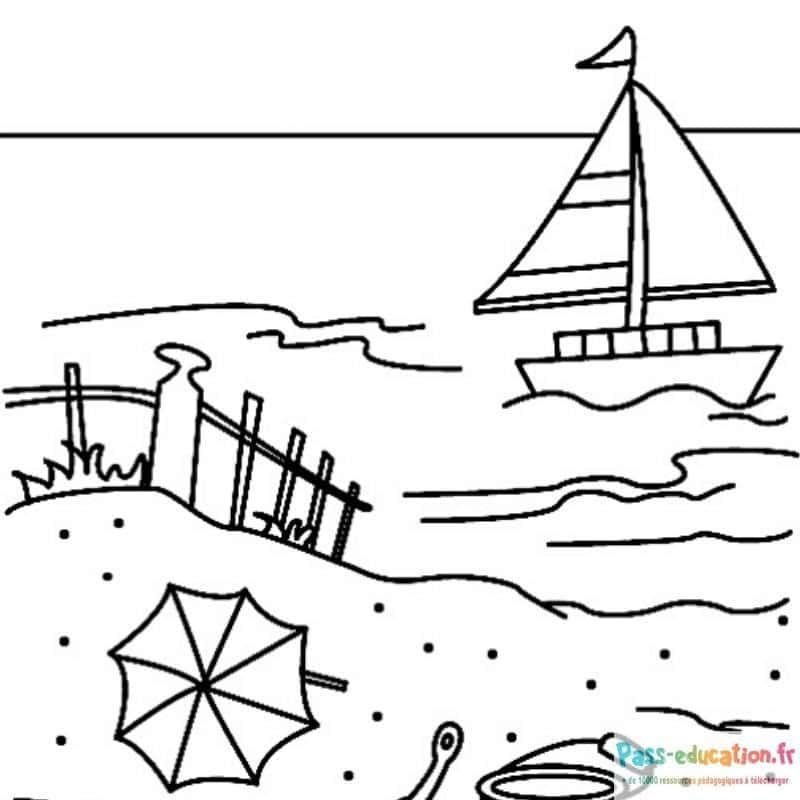 Coloriage Plage et bateau à imprimer et colorier
