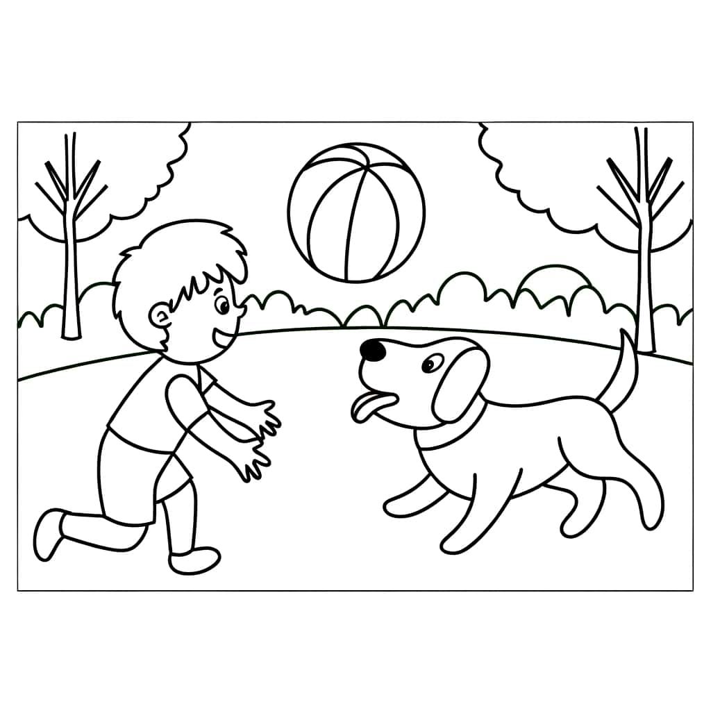 Coloriage Garçon joue avec chien à imprimer et colorier