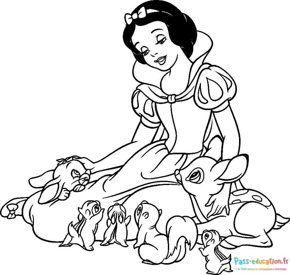 Coloriage Blanche Neige et animaux à imprimer et colorier