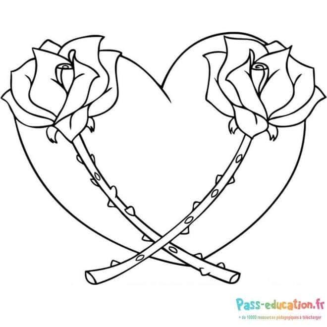 Coloriage Cœur et roses à imprimer et colorier