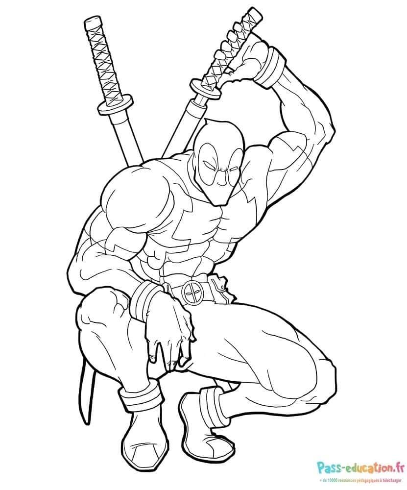 Coloriage Deadpool prêt au combat à imprimer et colorier