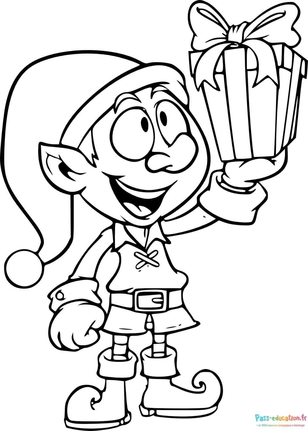 Coloriage Lutin joyeux avec cadeau à imprimer et colorier