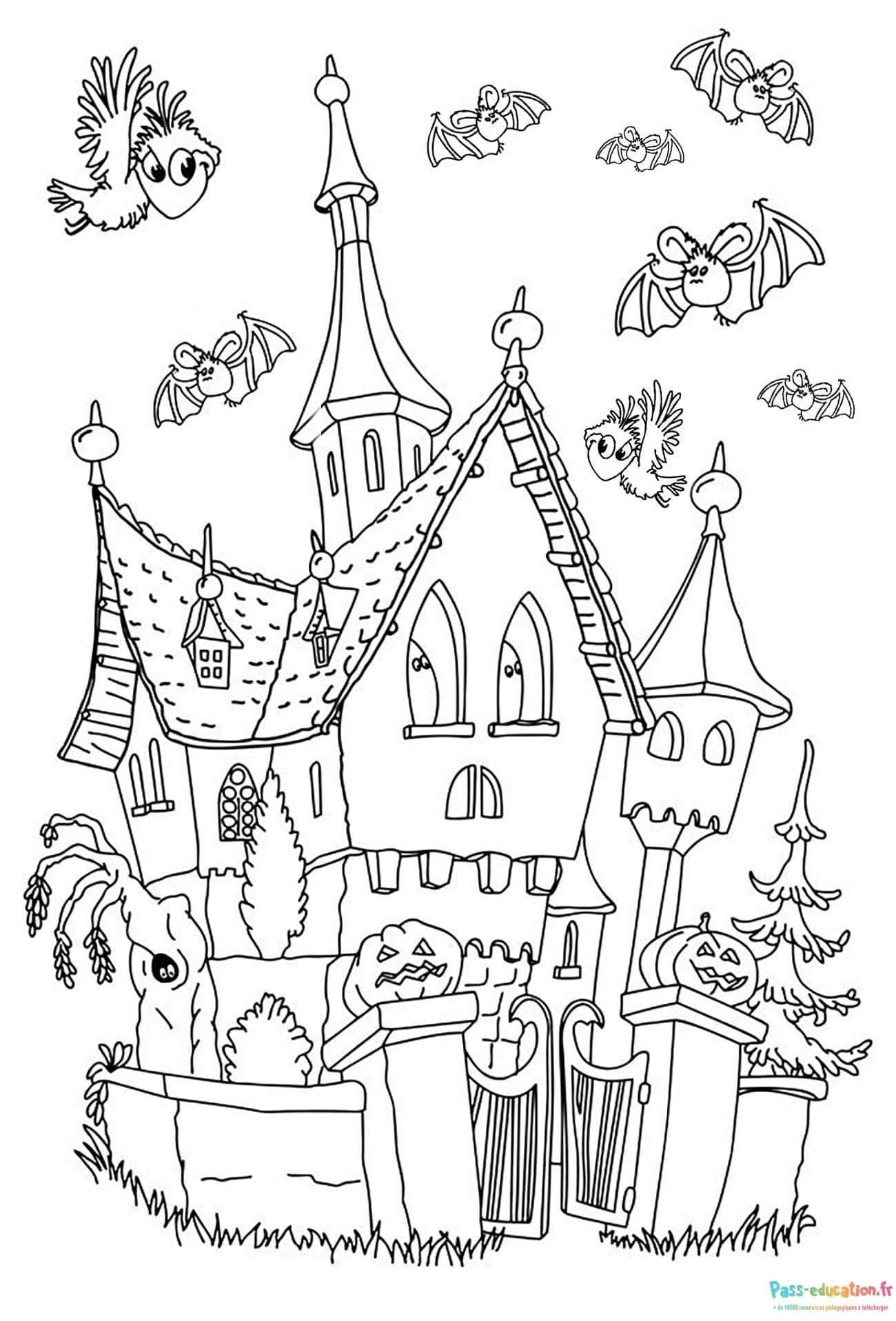 Coloriage Château hanté Halloween à imprimer et colorier