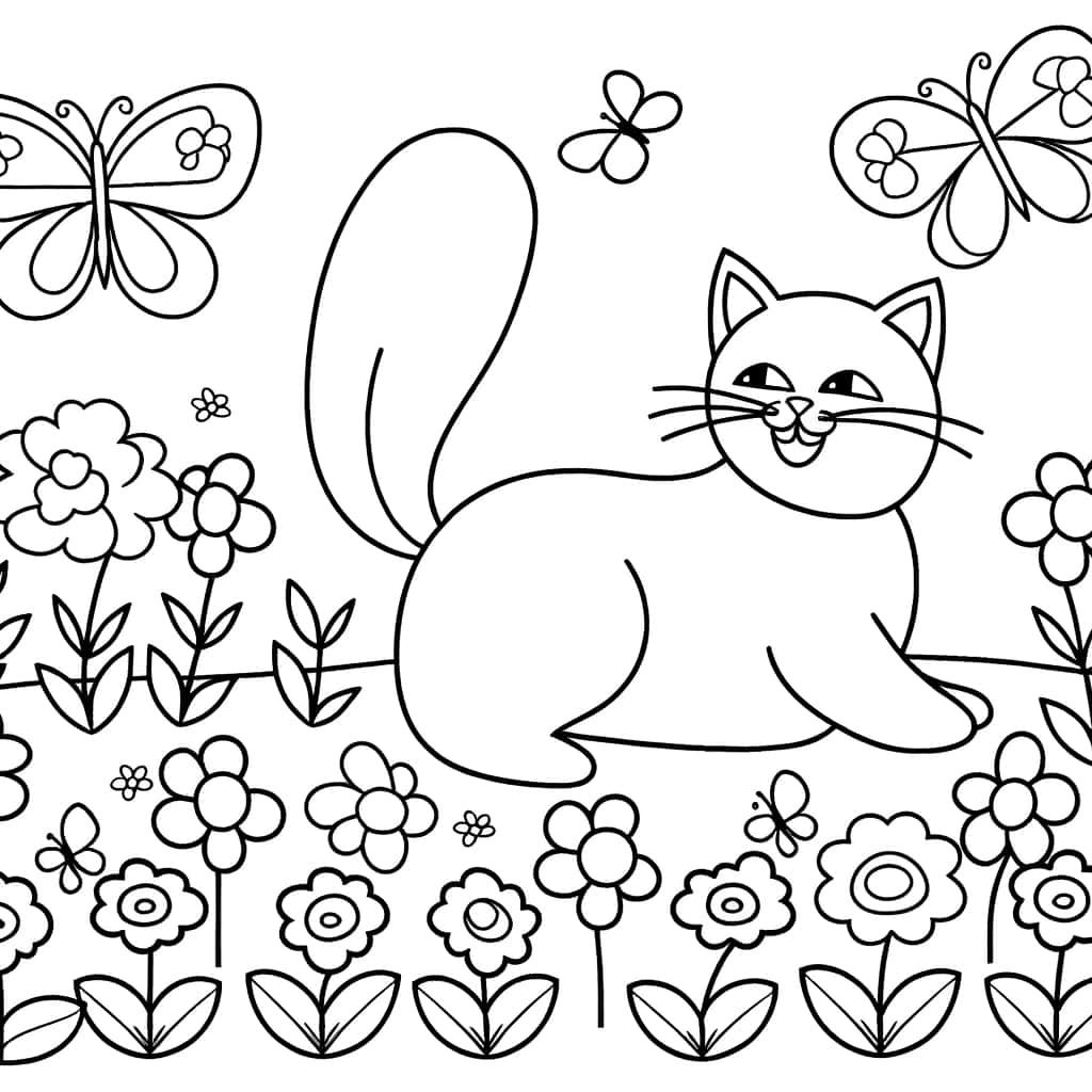 Coloriage Chat souriant dans jardin à imprimer et colorier