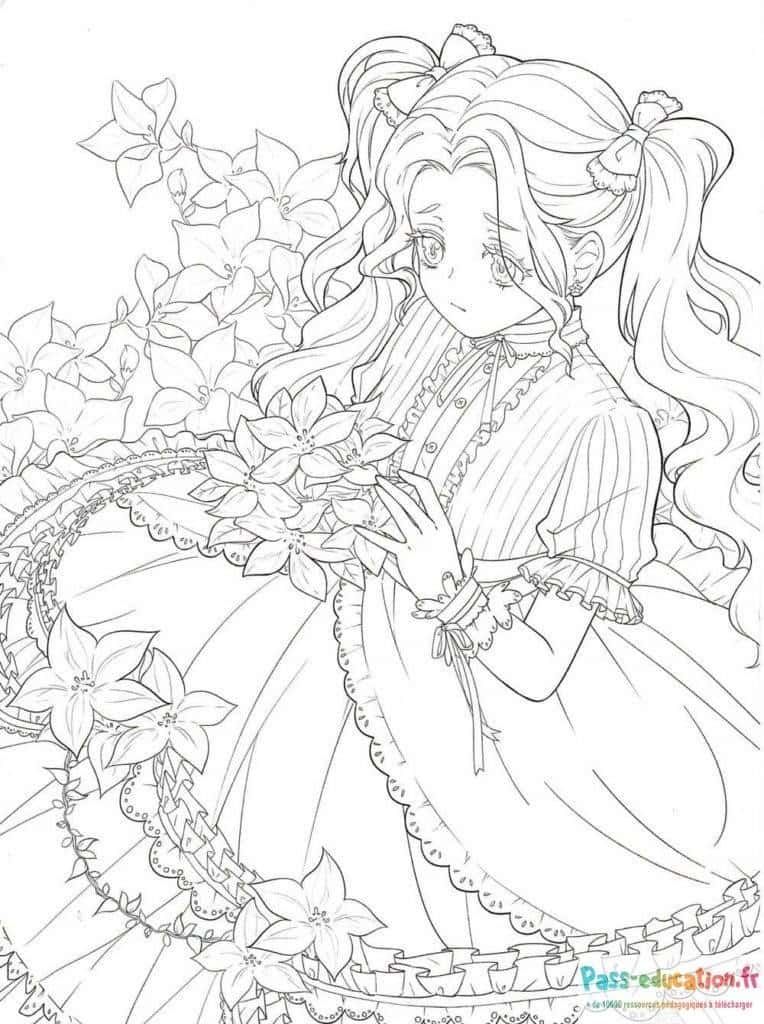 Coloriage Jeune fille parmi les fleurs à imprimer et colorier