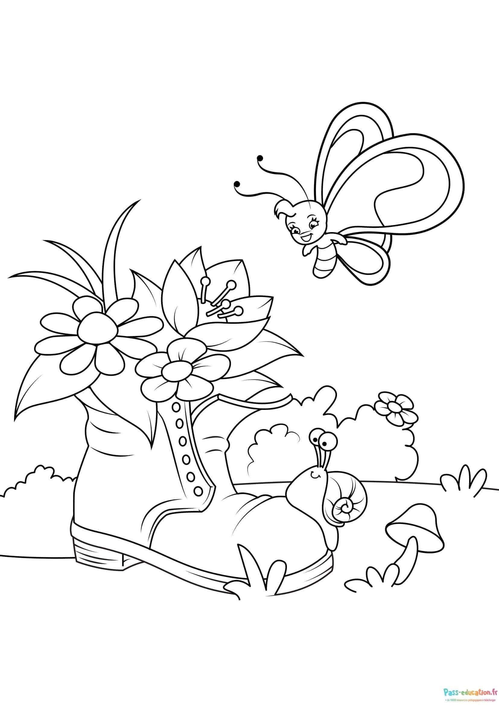 Coloriage Jardin printanier dans une botte à imprimer et colorier