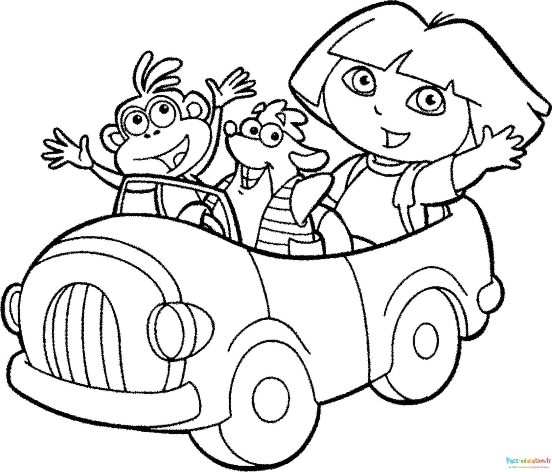 Coloriage Dora et amis en voiture à imprimer et colorier