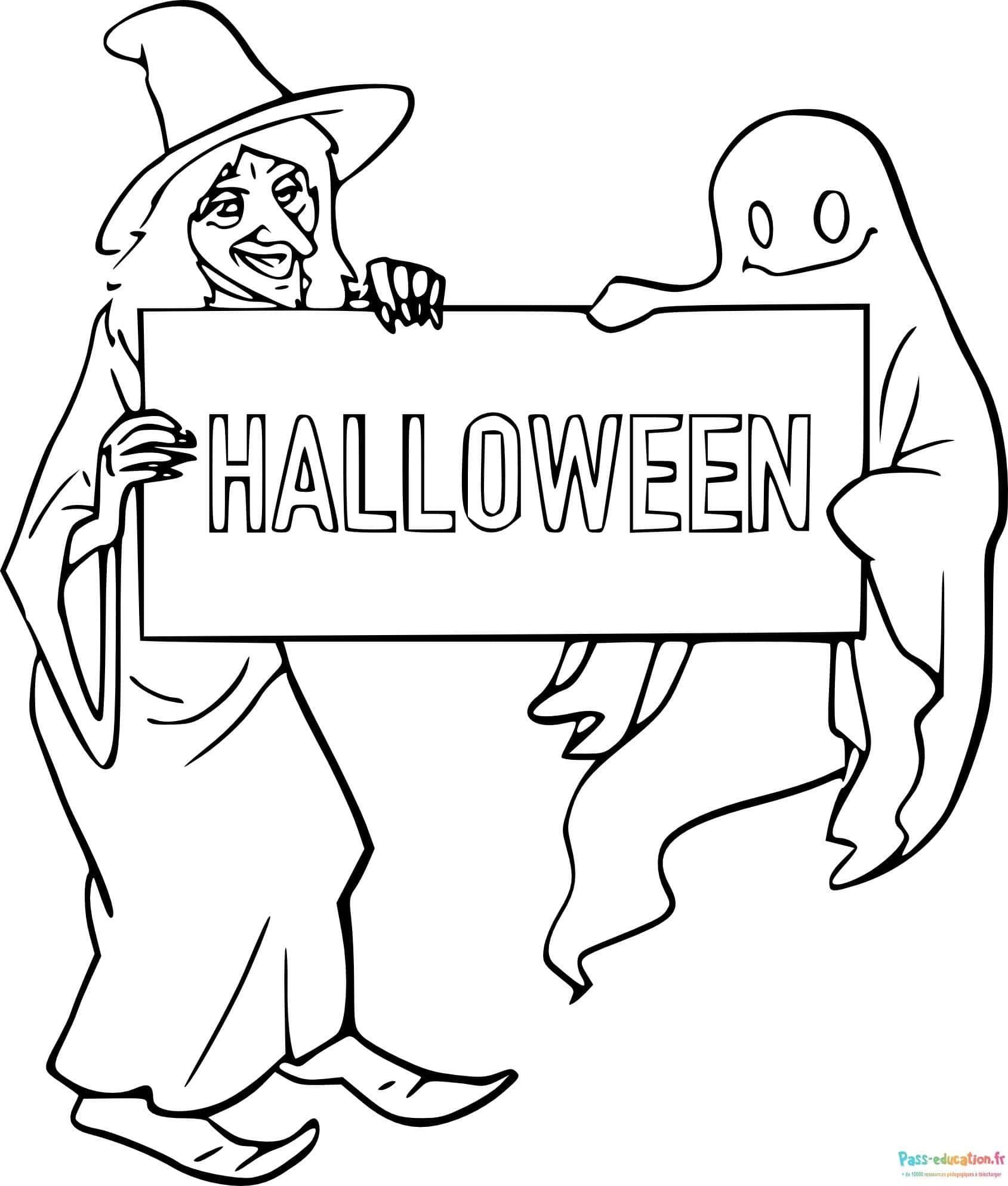 Coloriage Sorcière et fantôme Halloween à imprimer et colorier