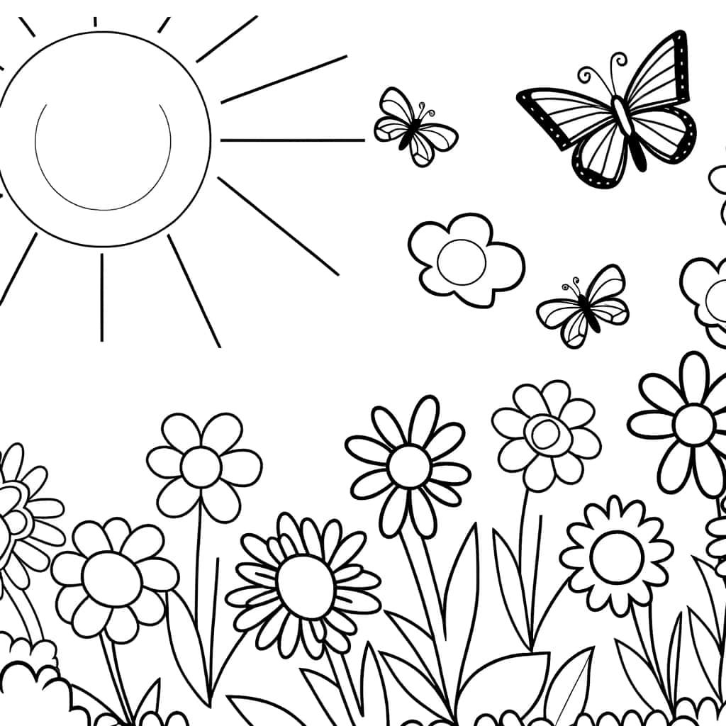 Coloriage Soleil et papillons à imprimer et colorier