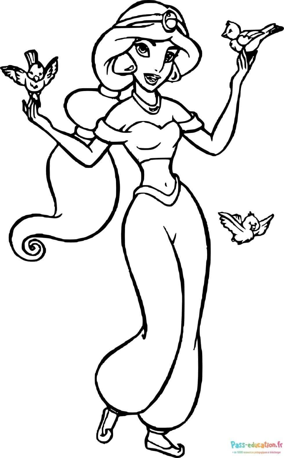 Coloriage Jasmine et oiseaux à imprimer et colorier