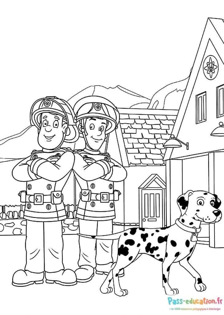 Coloriage Pompiers et chien à imprimer et colorier