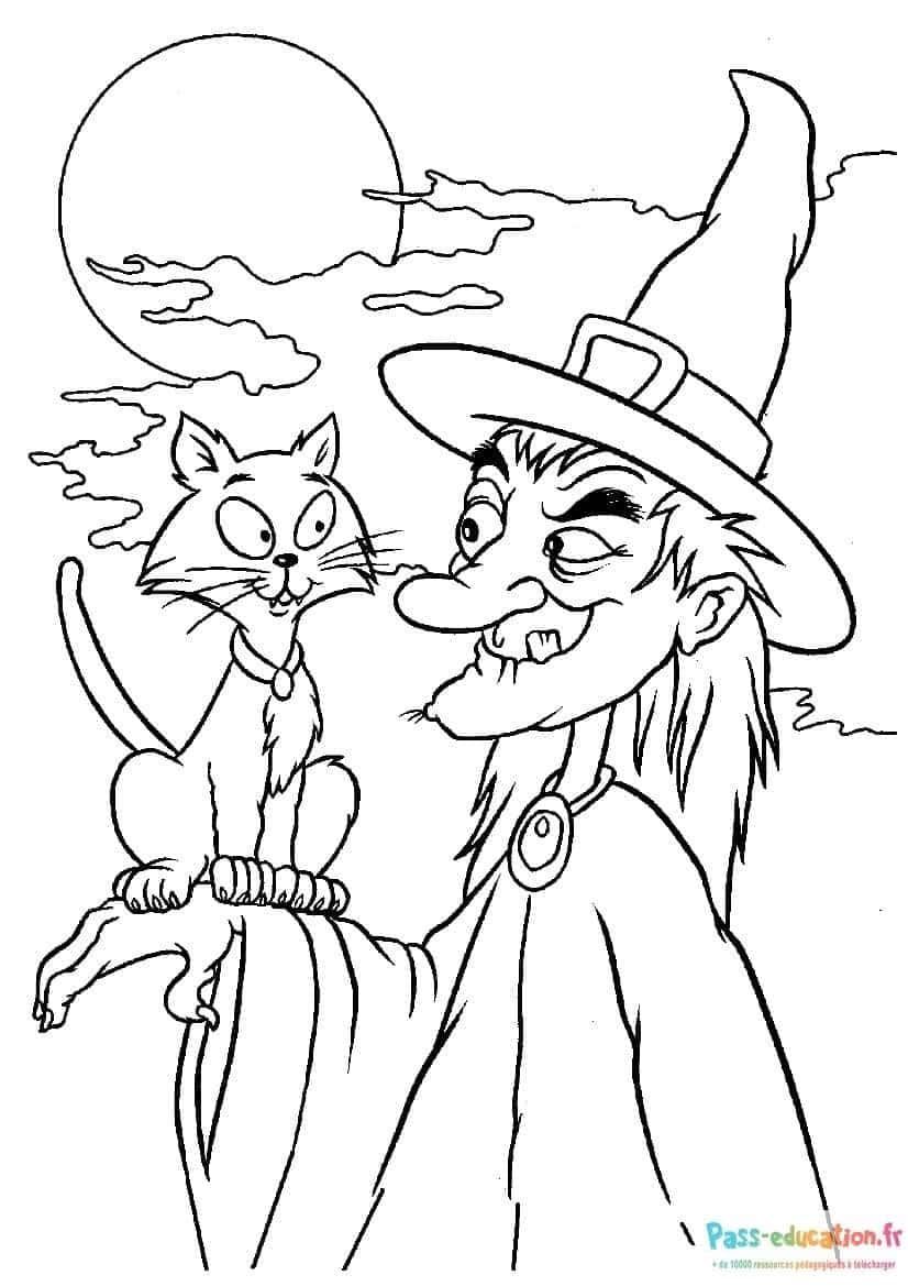 Coloriage Sorcière et chat à imprimer et colorier