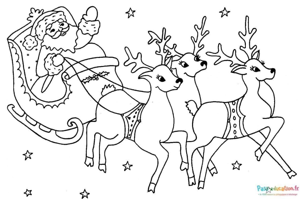 Coloriage Santa et ses rennes à imprimer et colorier