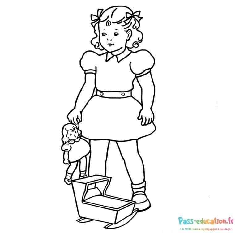 Coloriage Petite fille avec jouet à imprimer et colorier
