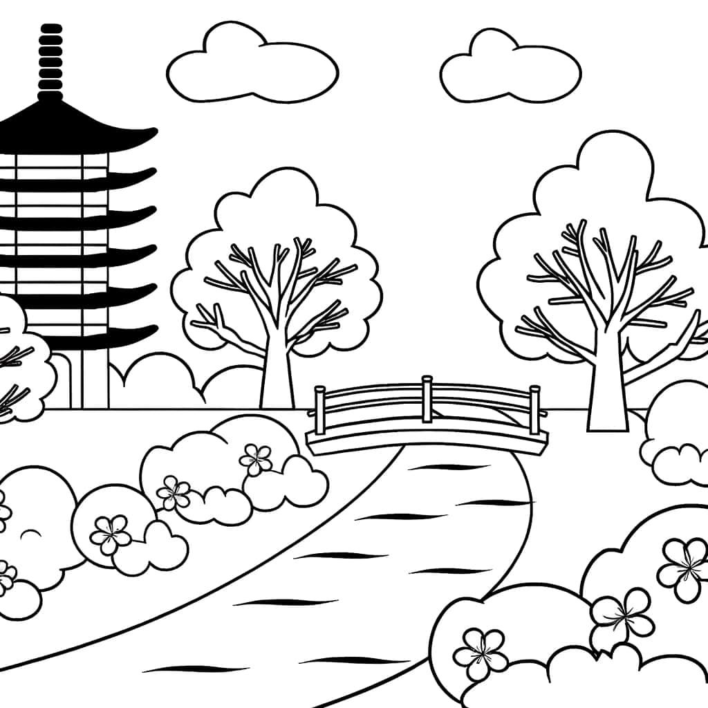 Coloriage Paysage asiatique à imprimer et colorier