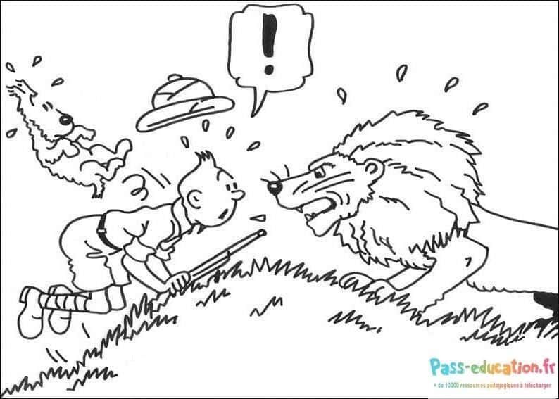 Coloriage Tintin confronte un lion à imprimer et colorier