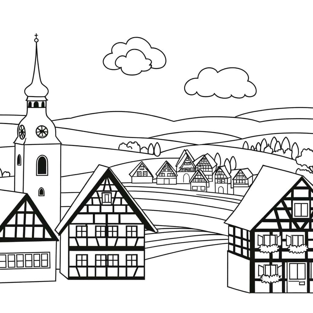 Coloriage Paysage village allemand à imprimer et colorier