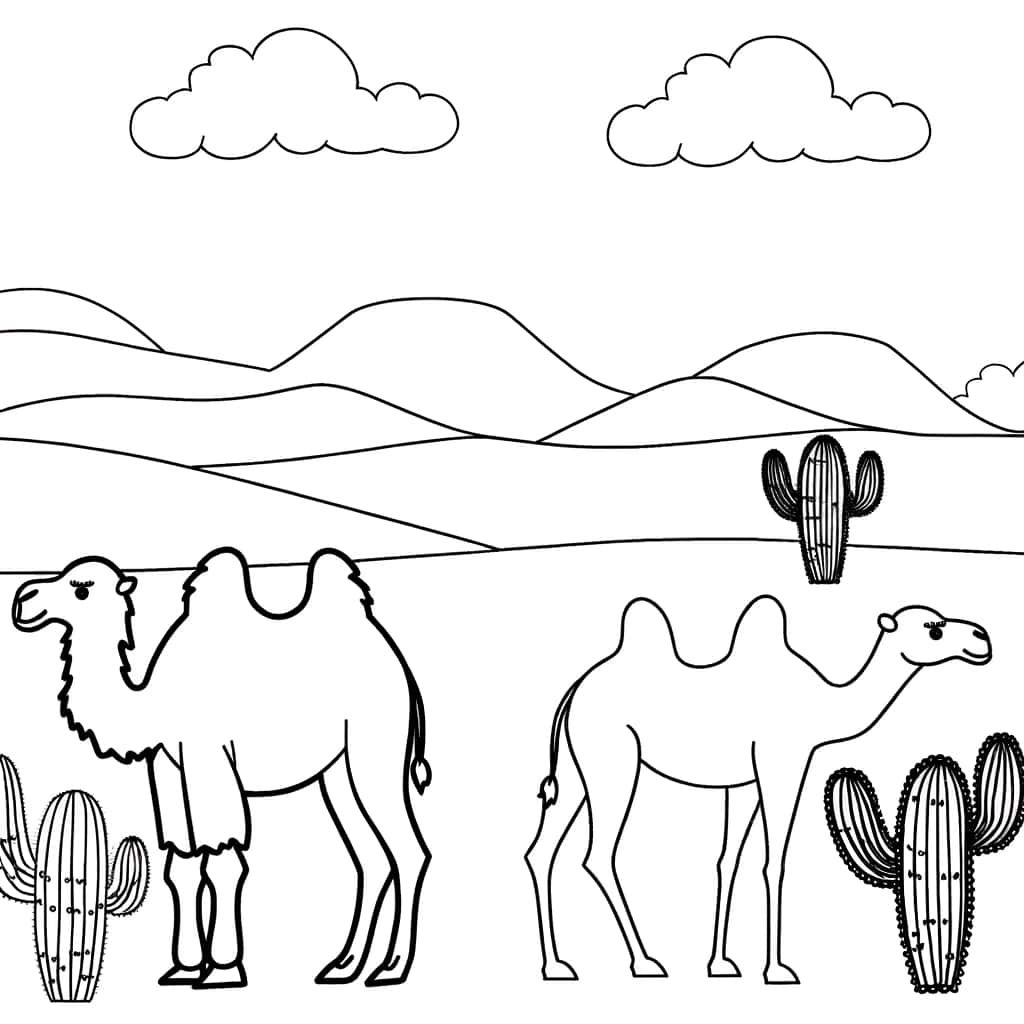 Coloriage Désert de camélidés à imprimer et colorier