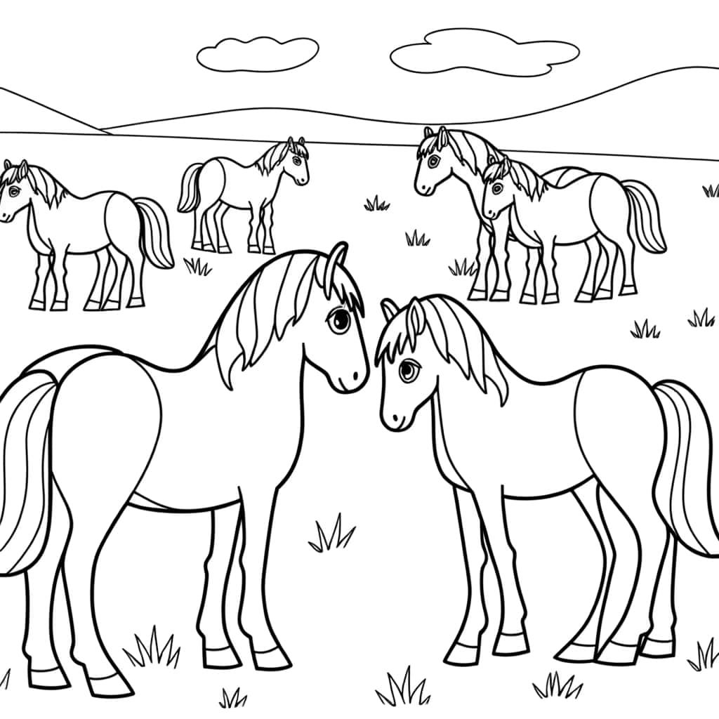 Coloriage Chevaux dans la prairie à imprimer et colorier