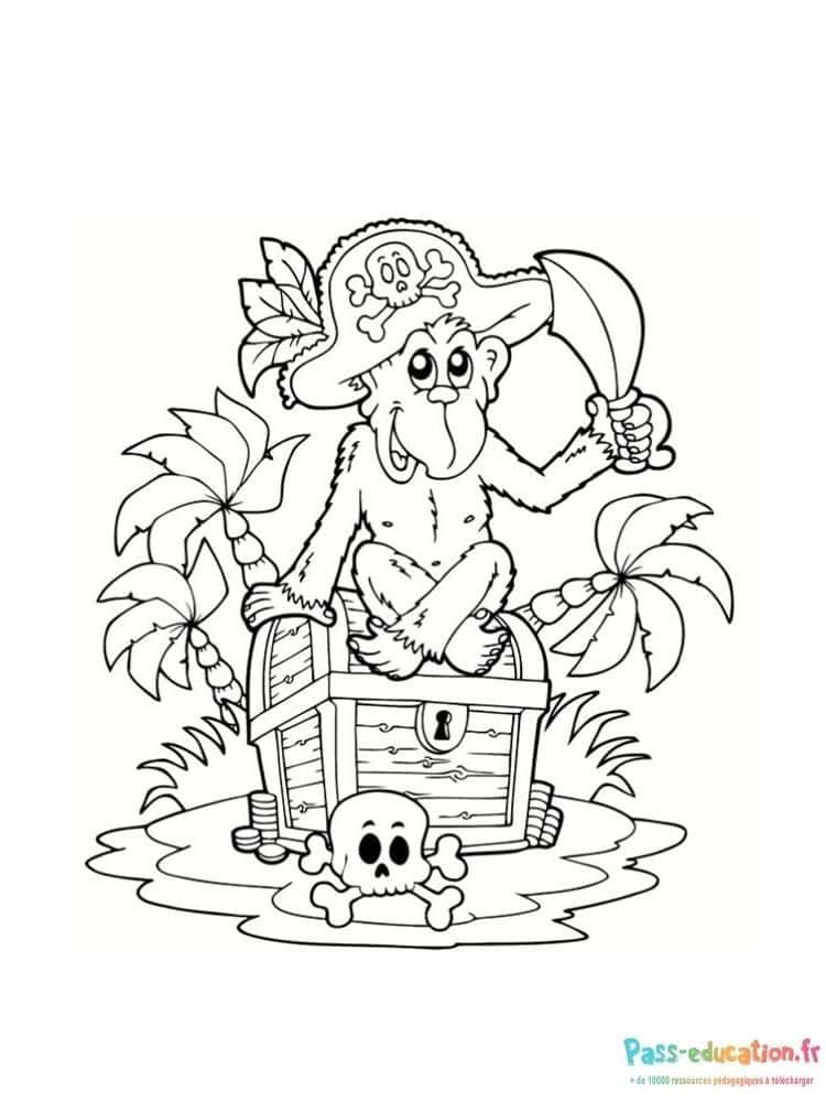Coloriage Pirate joyeux avec trésor à imprimer et colorier