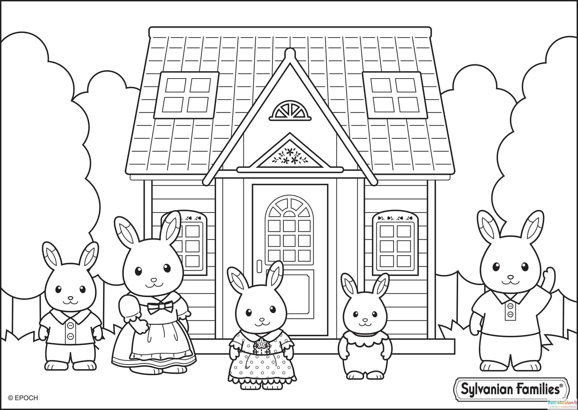 Coloriage Famille lapins devant maison à imprimer et colorier