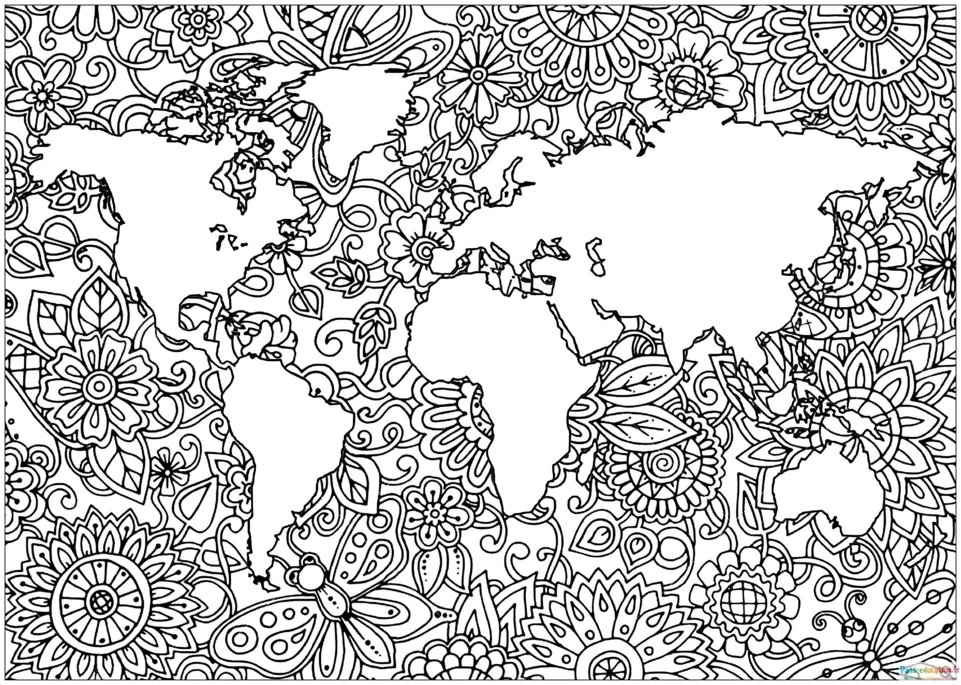 Coloriage Carte florale du monde à imprimer et colorier