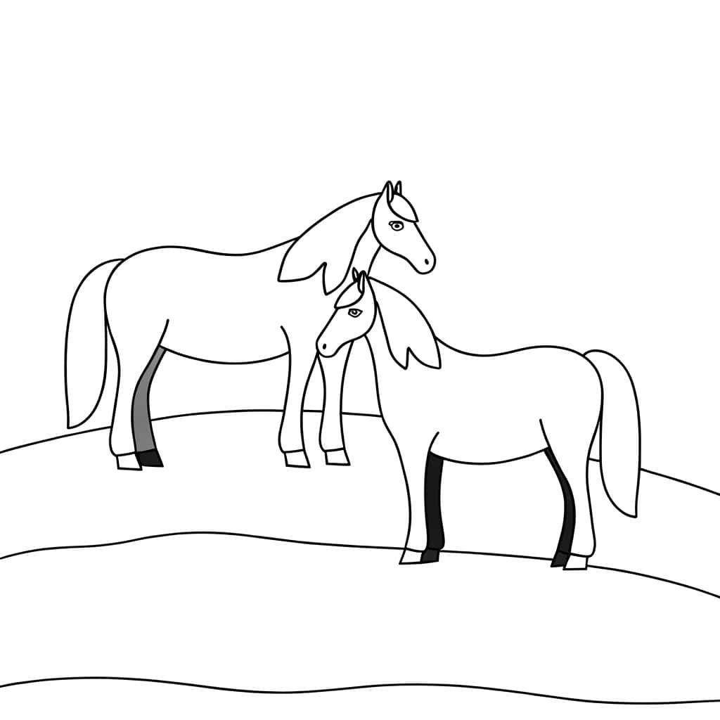 Coloriage Chevaux dans prairie à imprimer et colorier