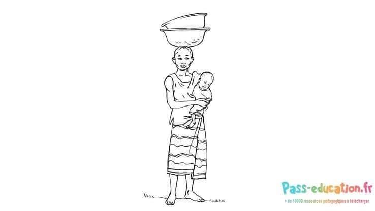 Coloriage Femme africaine et enfant à imprimer et colorier