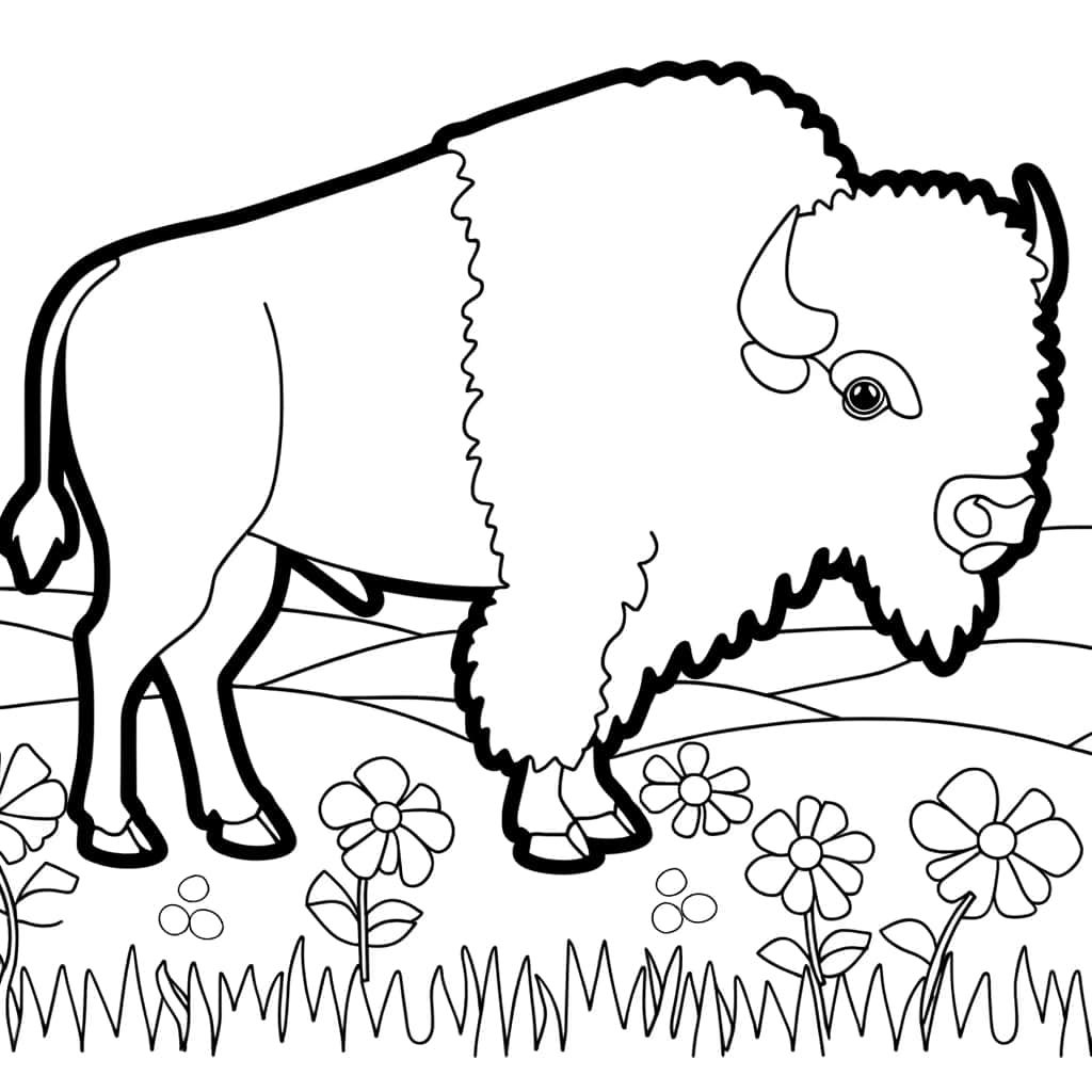 Coloriage Bison dans prairie à imprimer et colorier