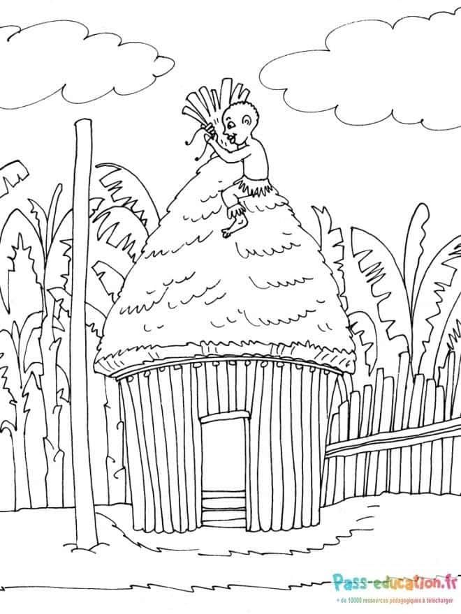 Coloriage Hutte africaine et personnage à imprimer et colorier