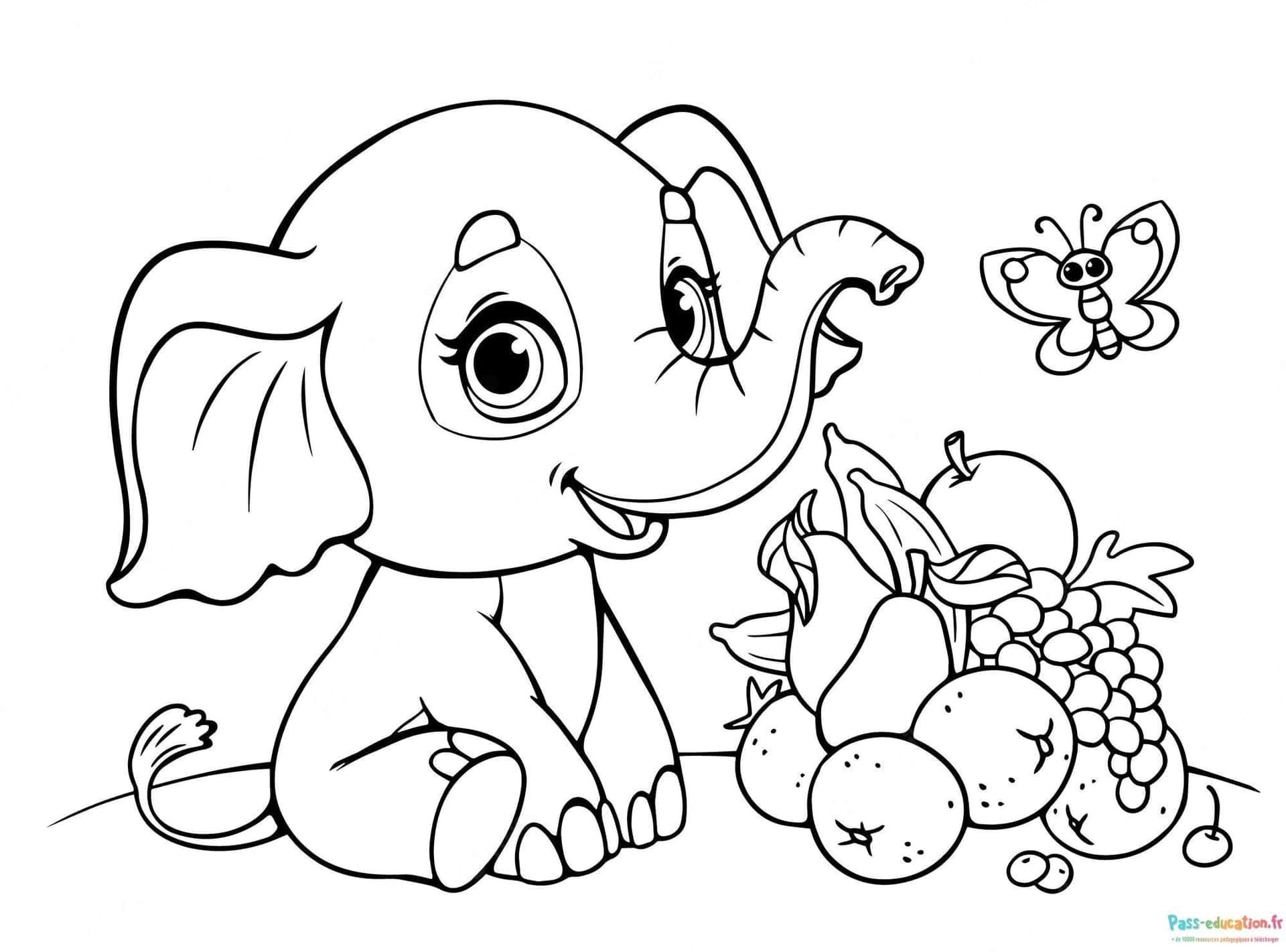 Coloriage Éléphant et fruits à imprimer et colorier