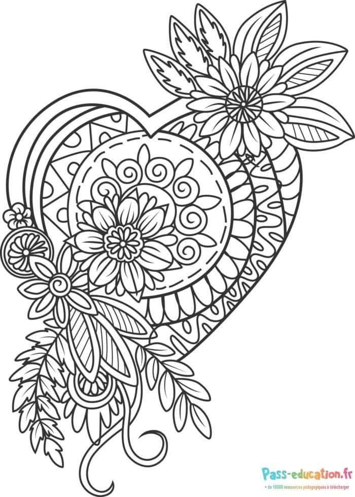 Coloriage Cœur floral mandala à imprimer et colorier