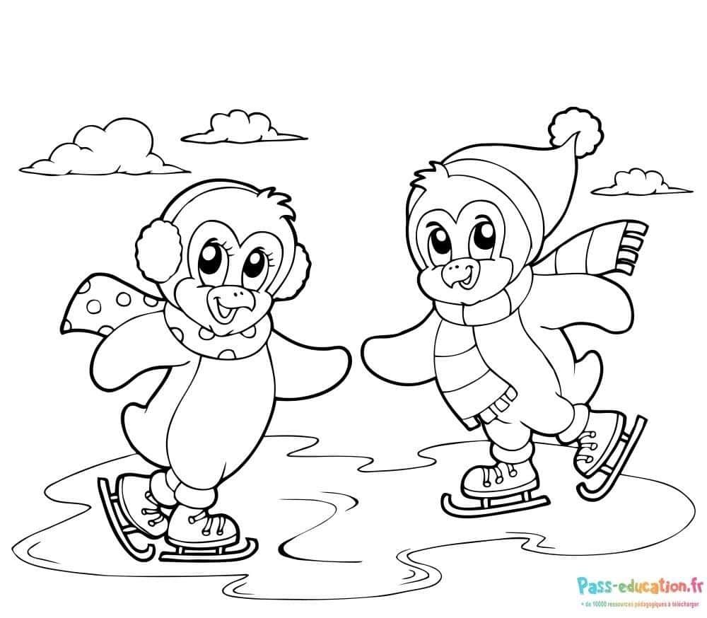 Coloriage Patinage entre pingouins à imprimer et colorier