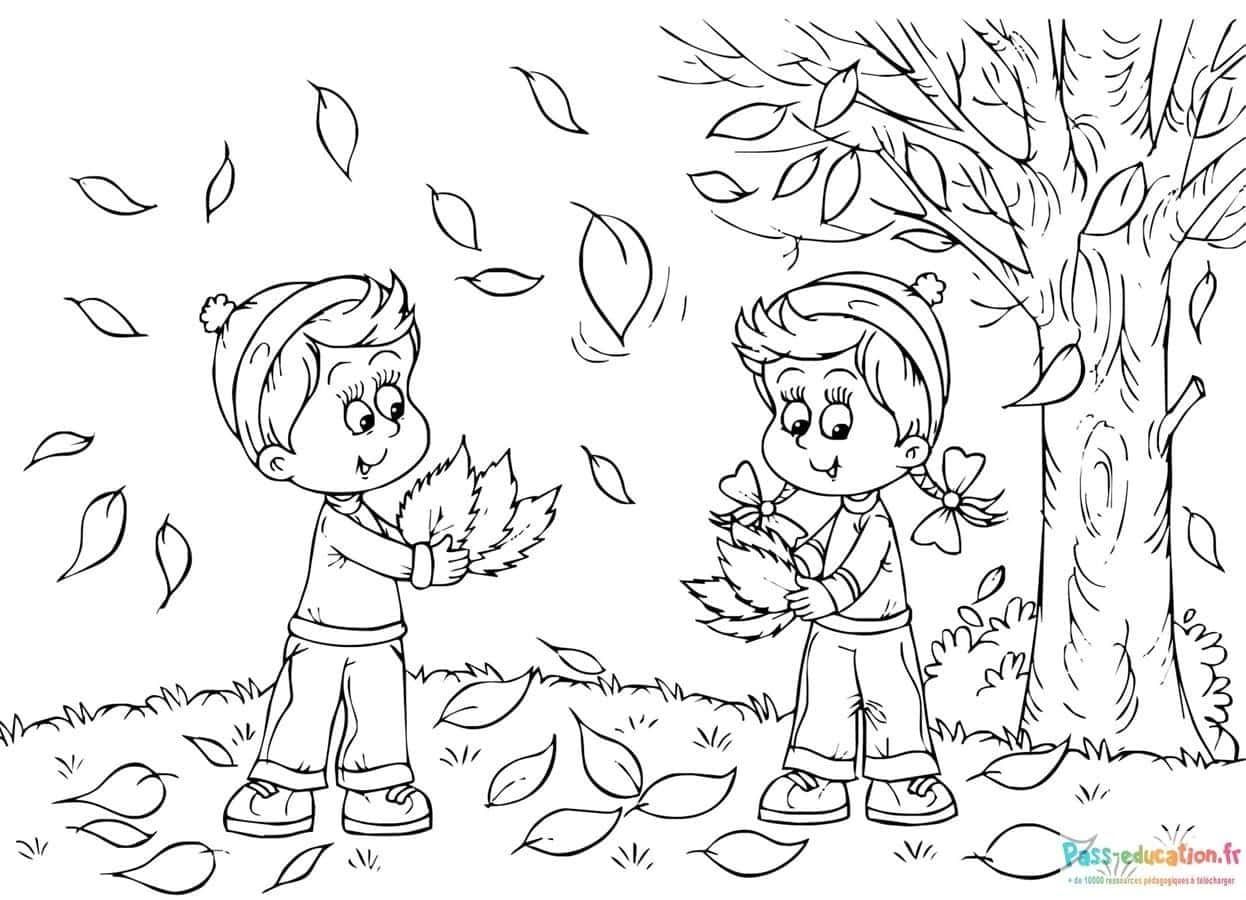 Coloriage Enfants avec feuilles à imprimer et colorier