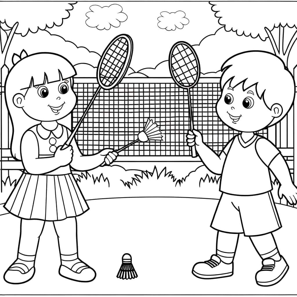 Coloriage Enfants jouant au badminton à imprimer et colorier
