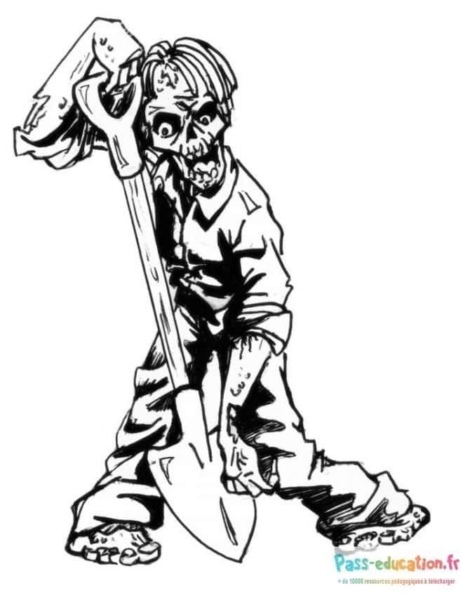 Coloriage Zombie à la pelle à imprimer et colorier